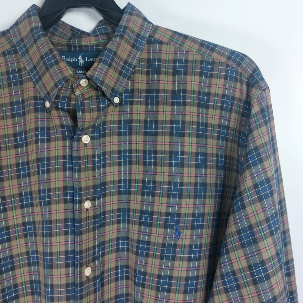 Ralph Lauren Classic Fit Mens Shirt XLT Brown Blue Plaid L/S‎ Button Down *READ